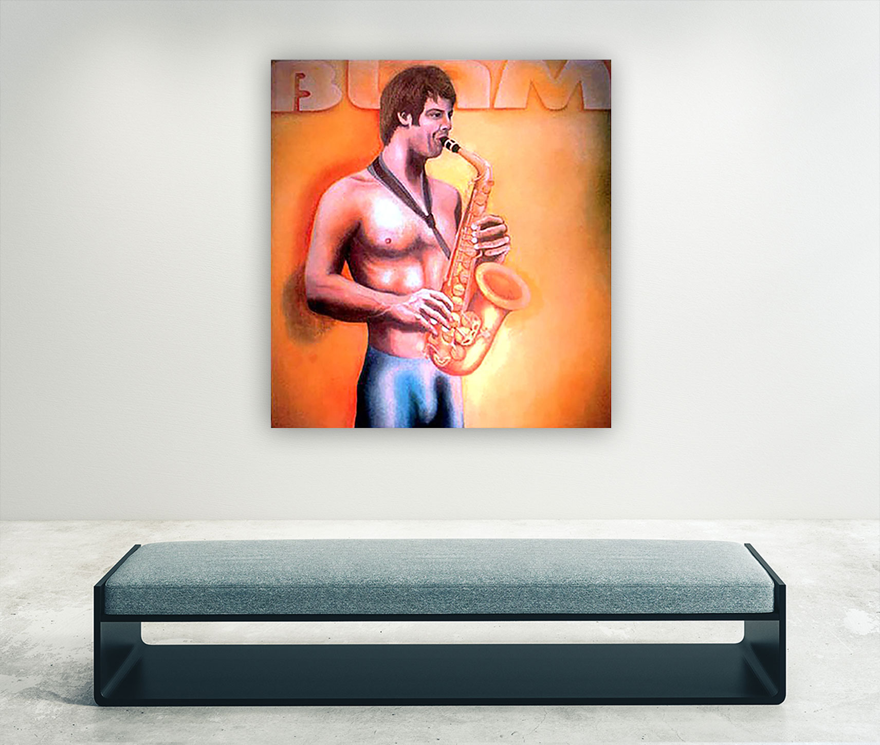 Portrait of saxonphonist Alex Graham painted rehearsing for Thelonious Monk competition in 1996. Painted from life drawings of Alex and imagination. Oil on canvas. 54 x 53.