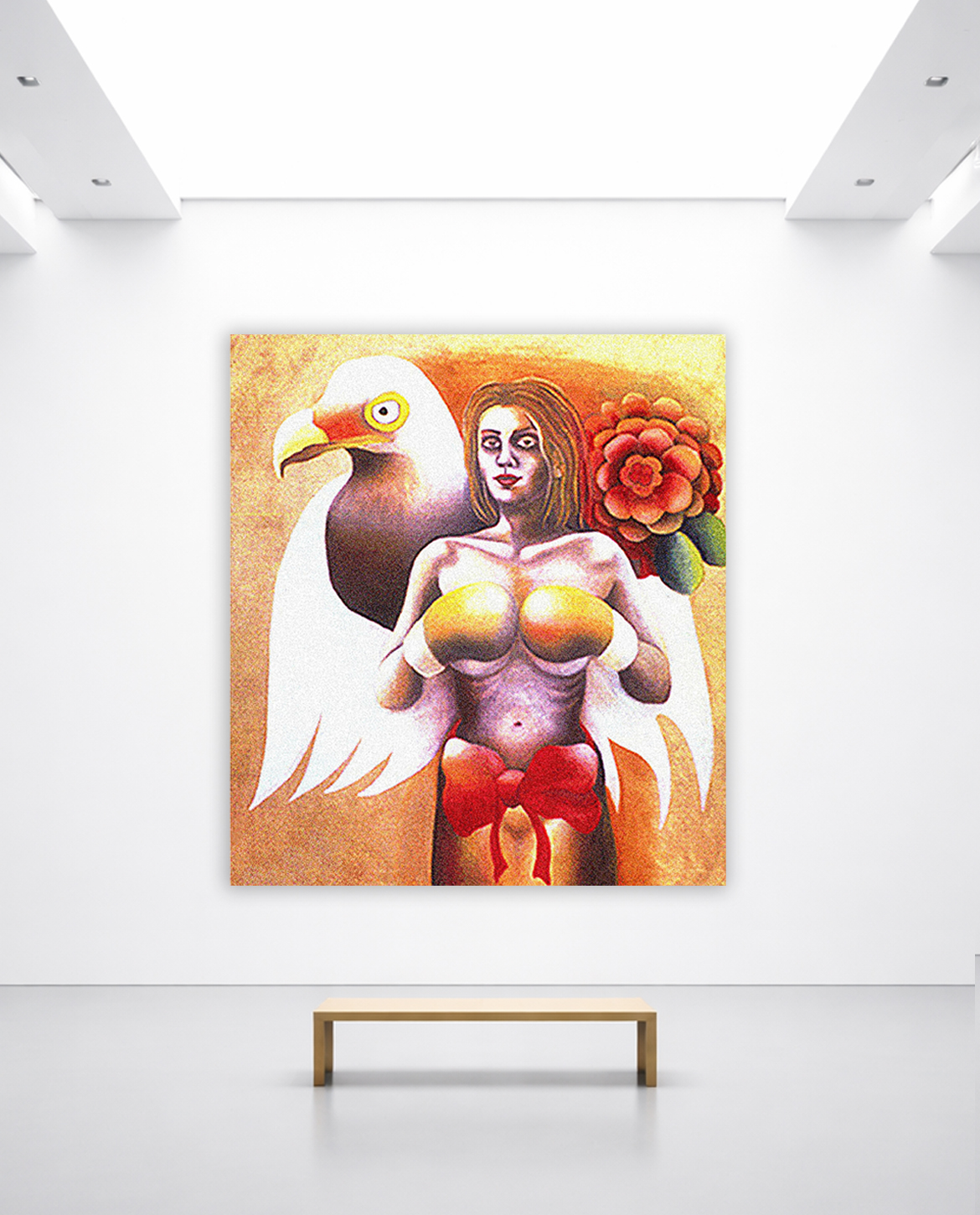 Champion: Early symbolic self-portrait from life and imagination representing Jane Rubin's femininity and inner power; Jane was a a ballet dancer; the boxing gloves symbolize inner core strength and winning over trauma.