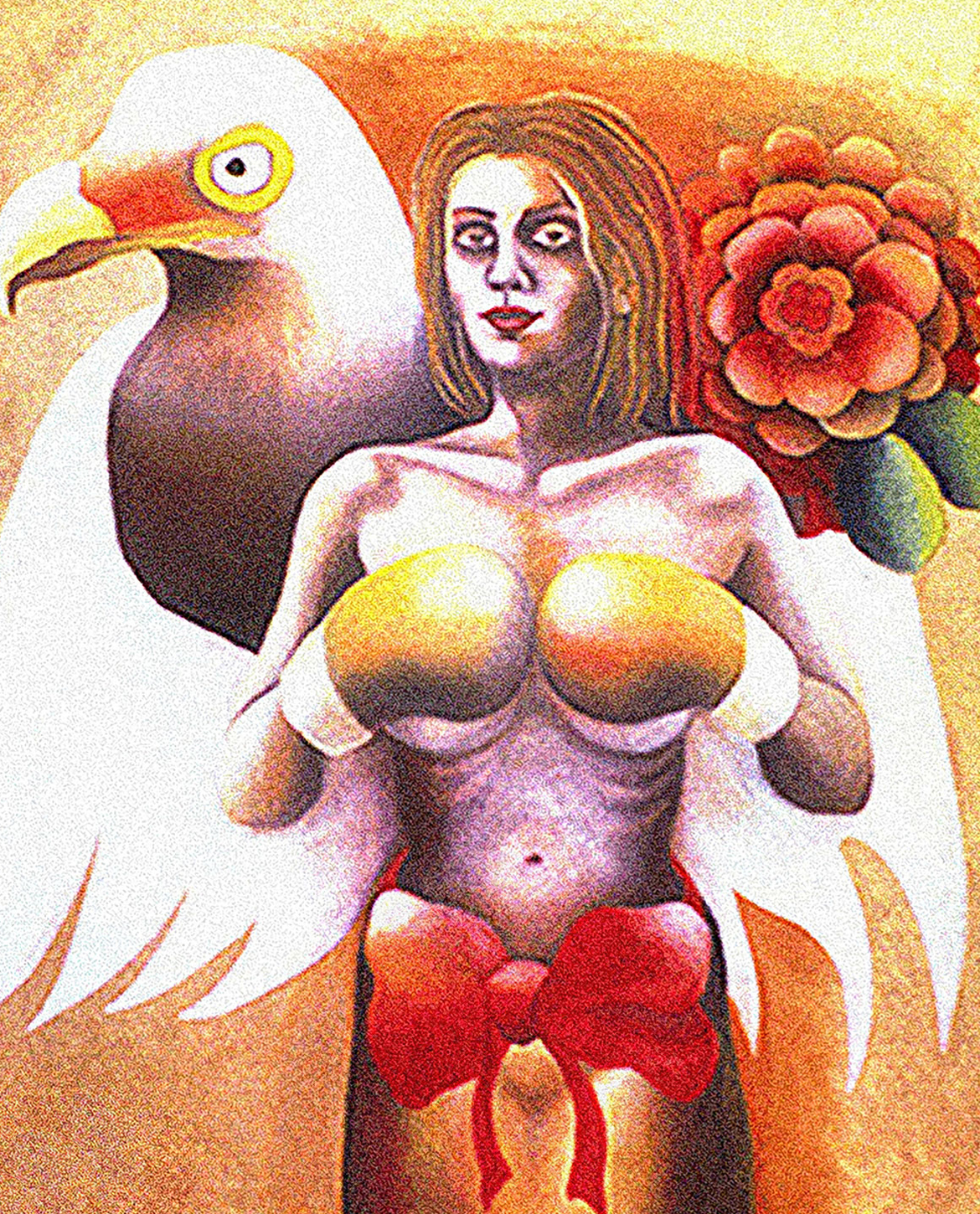 Champion: Early symbolic self-portrait from life and imagination representing Jane Rubin's femininity and inner power; Jane was a a ballet dancer; the boxing gloves symbolize inner core strength and winning over trauma.