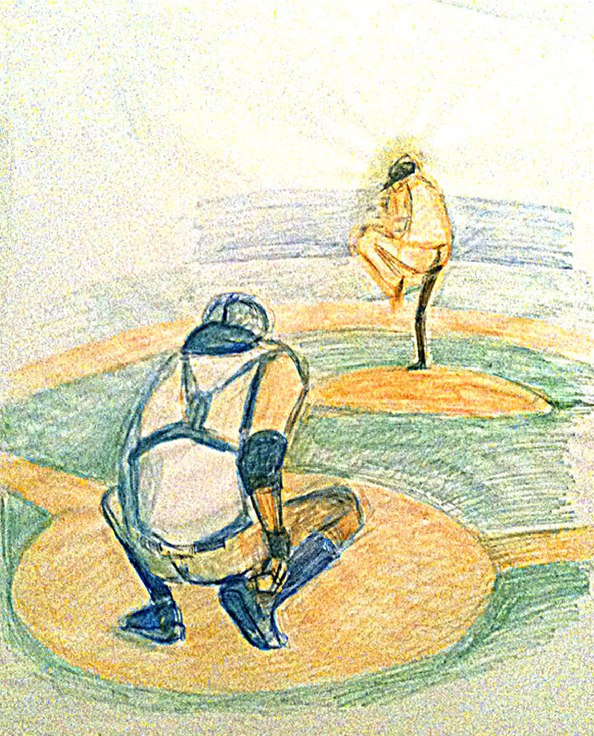 Watercolor of pitcher and catcher painted live at Yankee Stadium in 2011. Copyright Jane Rubin 2011.