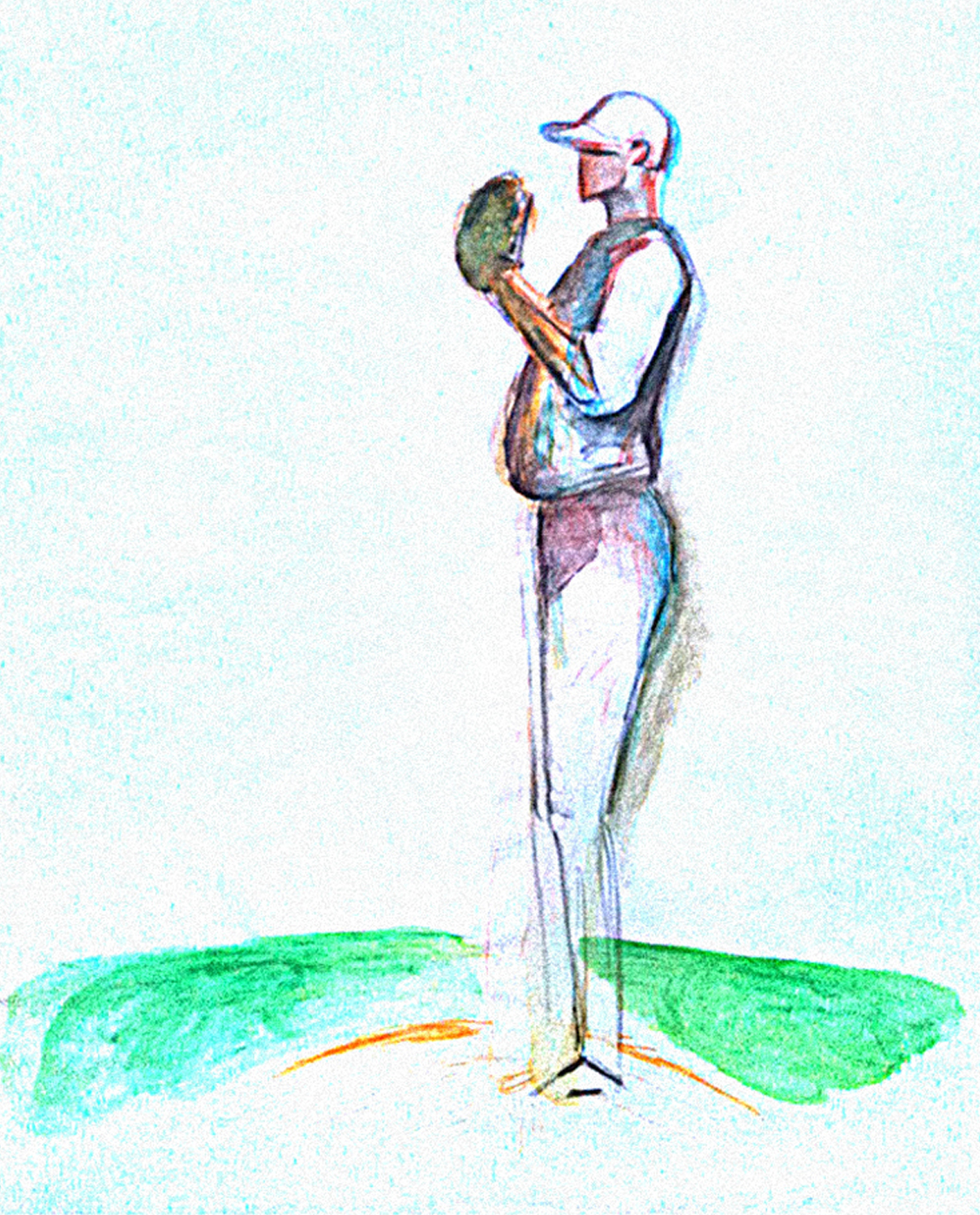 Watercolor of right-handed starting pitcher painted live while he was pitching at Yankee Stadium in 2012. Copyright Jane Rubin 2012.