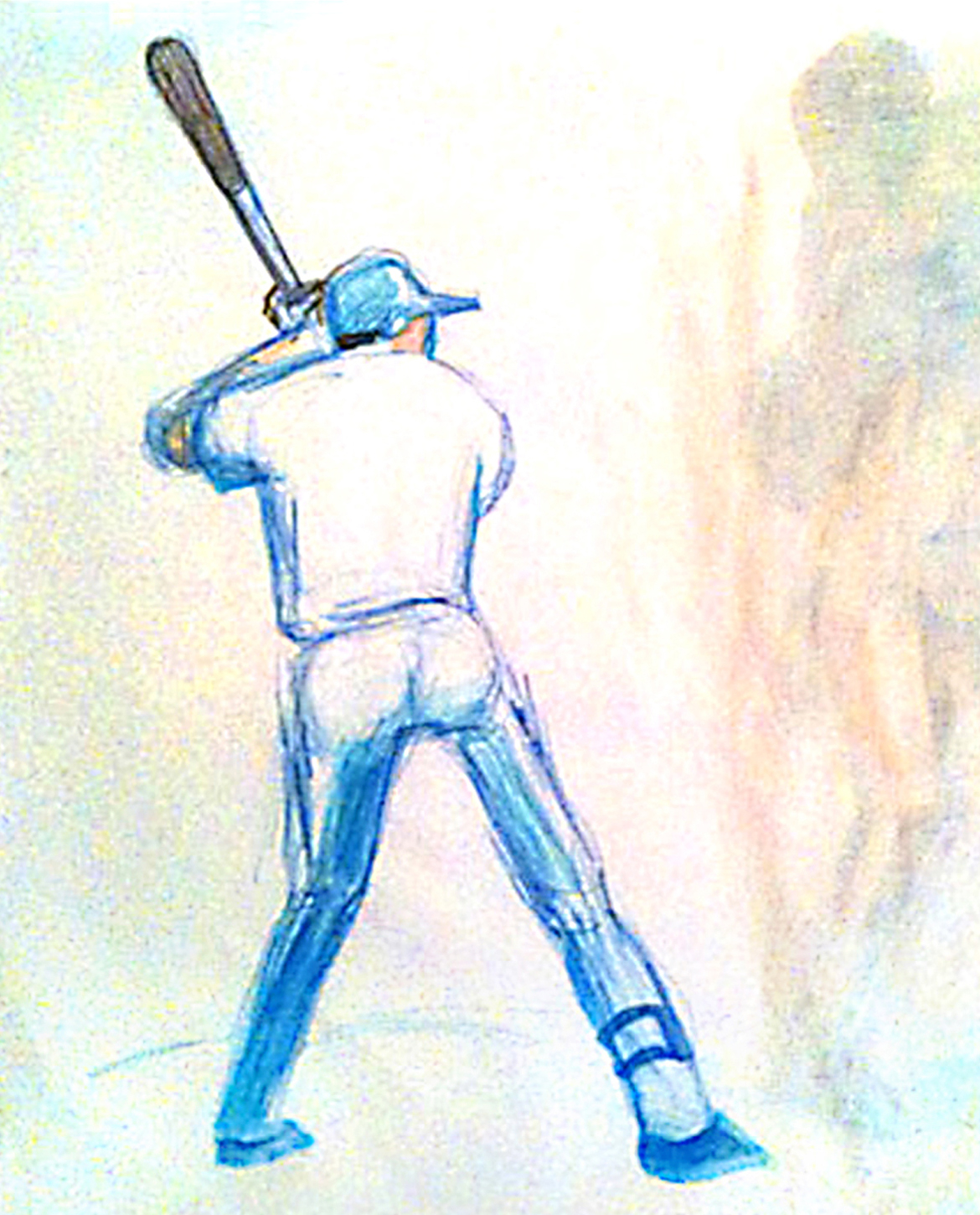 Watercolor of switch hitter batting left at Yankee Stadium in 2012. Copyright Jane Rubin 2012.
