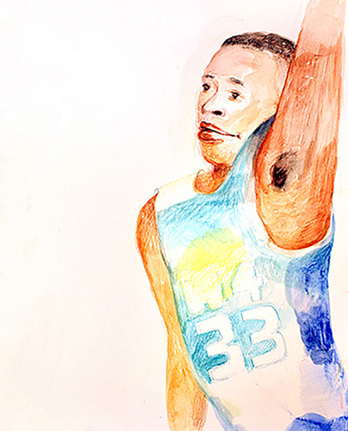 Watercolor of John Strickland dunking painted live at Kenny Graham's West 4 Street Pro Basketball Championship; Copyright Jane Rubin 2005
