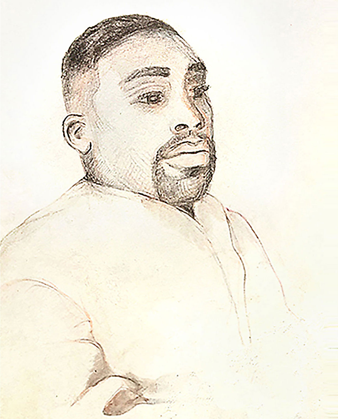 Portrait from life of Derreck Alexander, my husband, at our apartment. Pencil and gouache on paper. Copyright Jane Rubin 2003.
