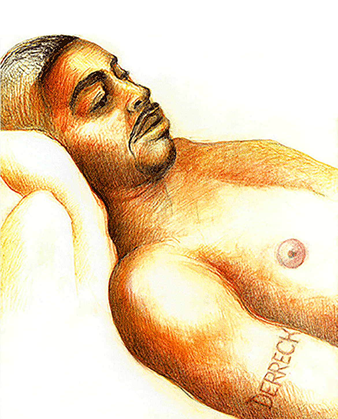 Portrait from life of Derreck Alexander, my husband, at our apartment. Pencil and gouache on paper. Copyright Jane Rubin 2002.