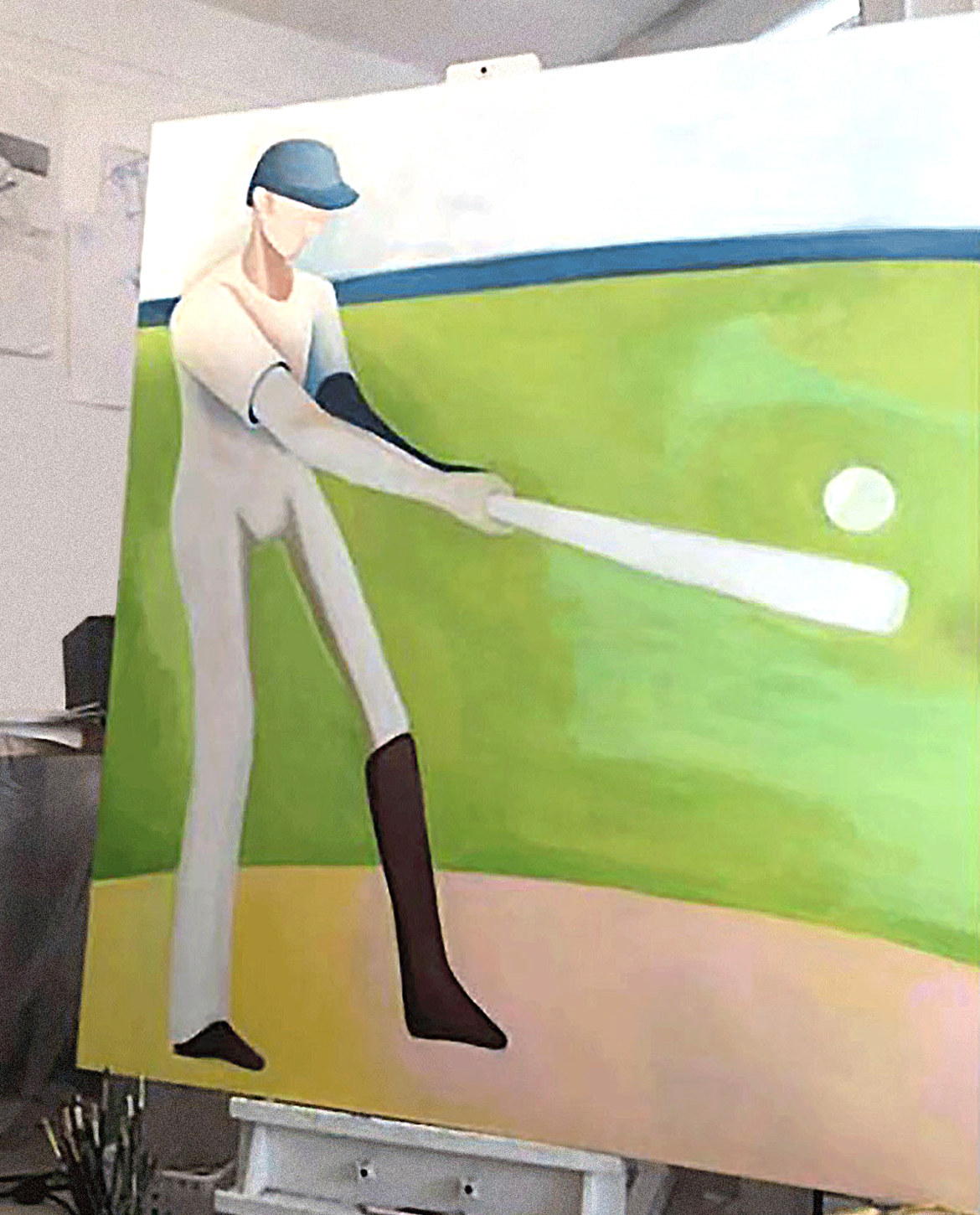 Baseball player hitting a home run; oil on linen; painted from imagination, ballet muscle memory, and drawings and watercolors Jane Rubin created live at a baseball stadium while the athletes were in motion; © Jane Rubin 2013