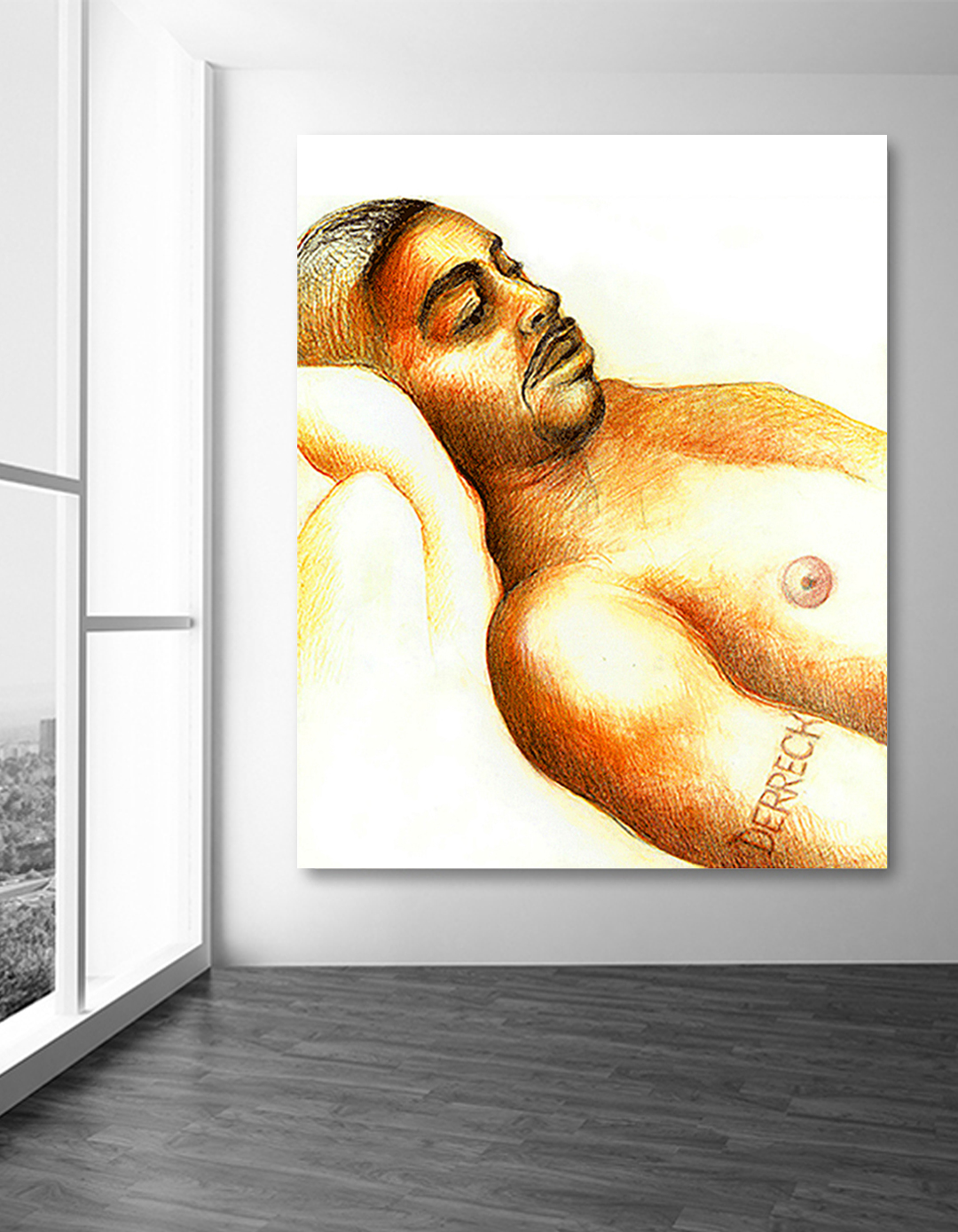 Watercolor painting of John Strickland playing basketball painted in real time at the West 4th Basketball Championship Game in 2005. Copyright Artist Jane Rubin 2005